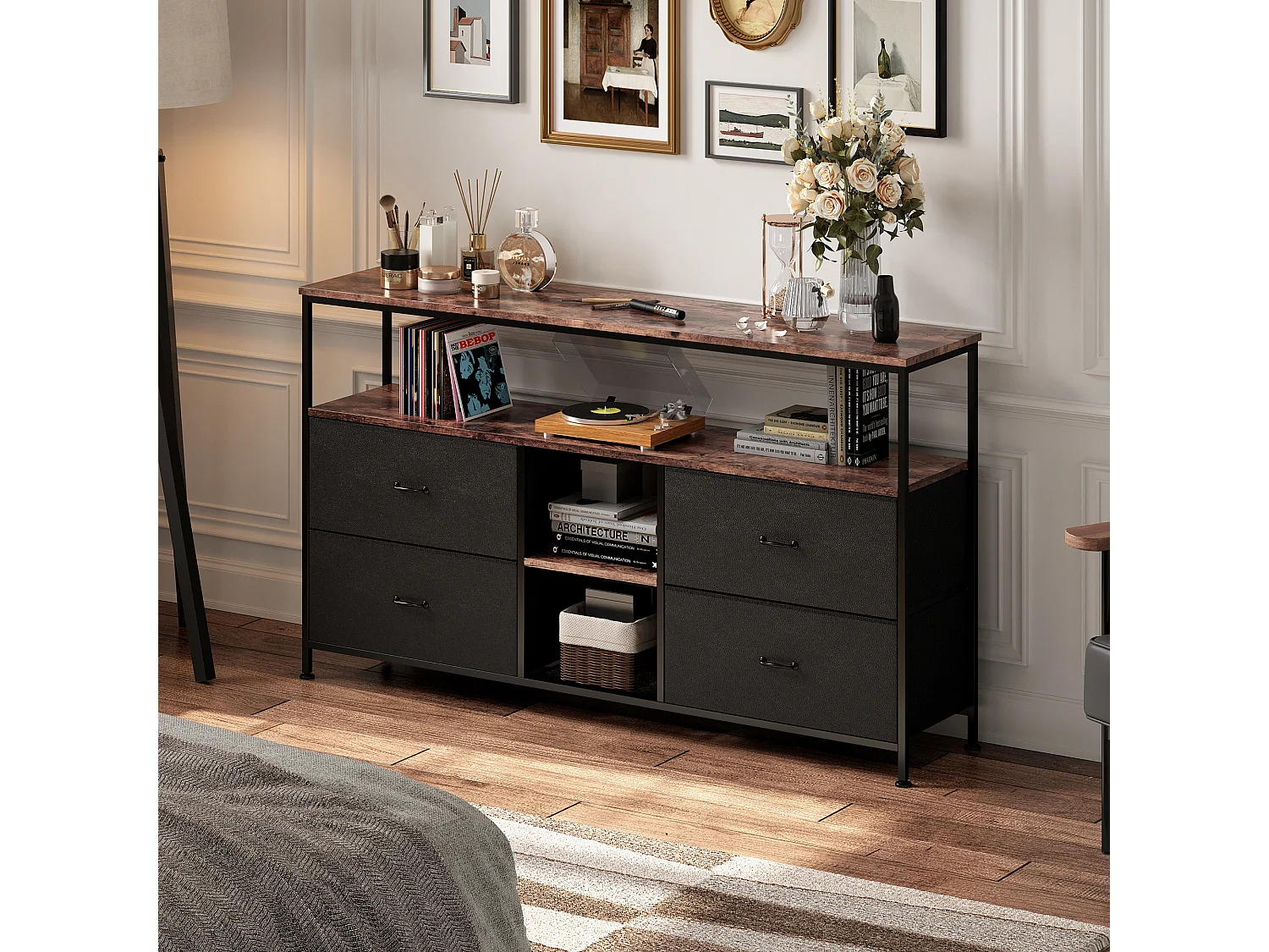 Meuble TV LED 137x30x78cm - 4 tiroirs, 2 compartiments et étagère - tissu cuir et métal noir - Noir