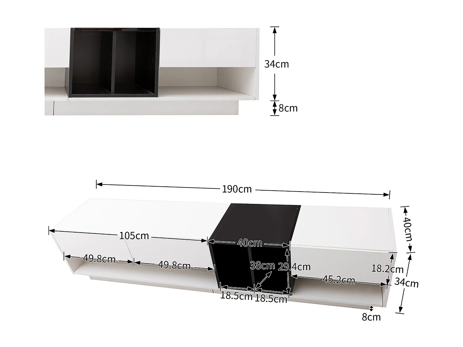Mobile TV da 190 cm, con 3 cassetti, ripiani aperti, design a blocchi di colore, stile moderno - Bianco