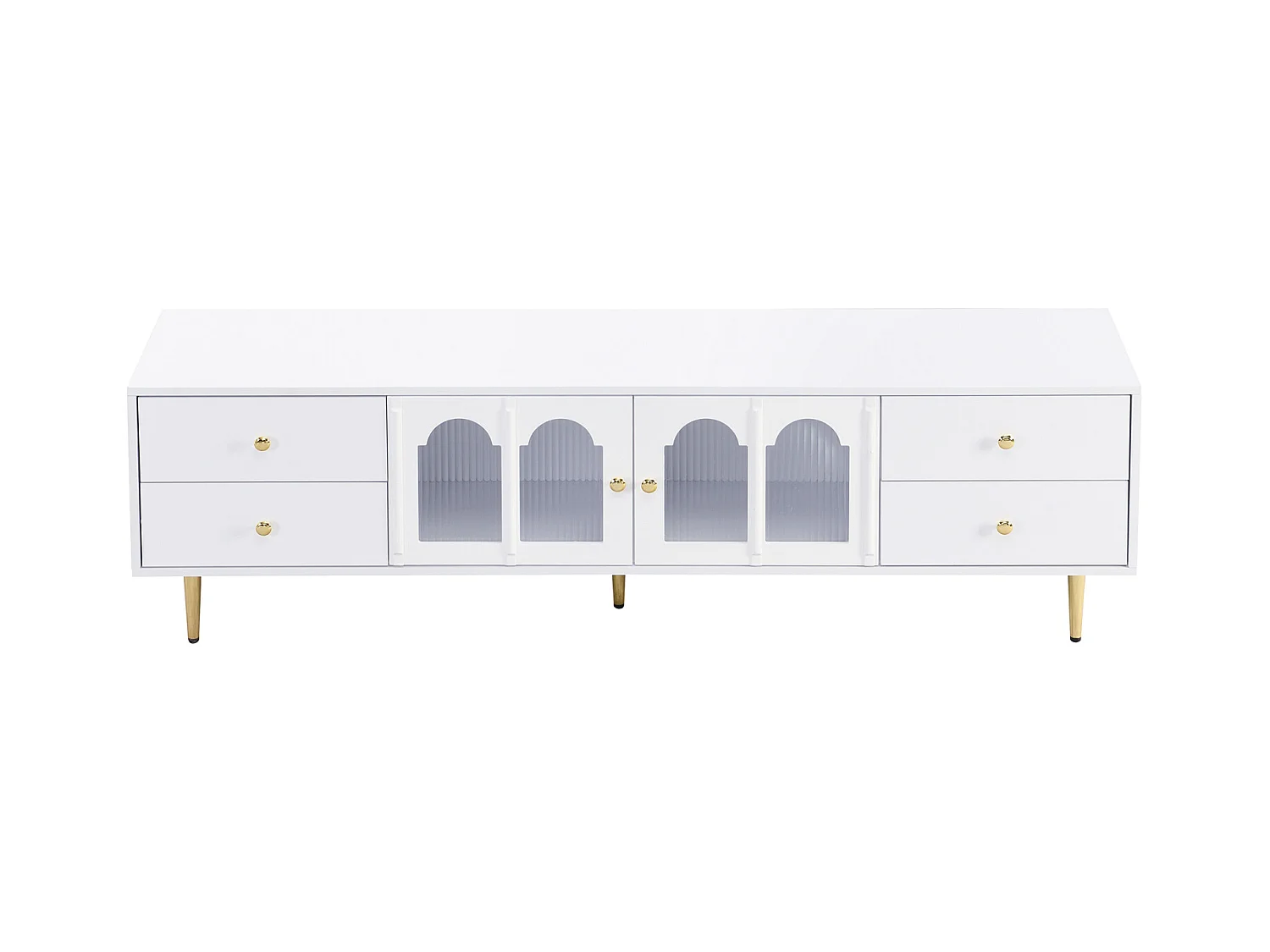 Meuble TV 170x38x50cm - Armoire avec 4 tiroirs et 2 portes en verre cintrée - poignées et pieds dorés - MDF Blanc