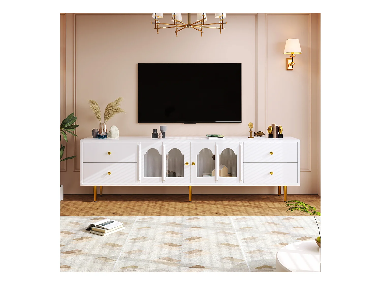 TV-meubel 170x38x50cm - Kast met 4 lades en 2 gebogen glazen deuren - gouden handgrepen en poten - Wit MDF