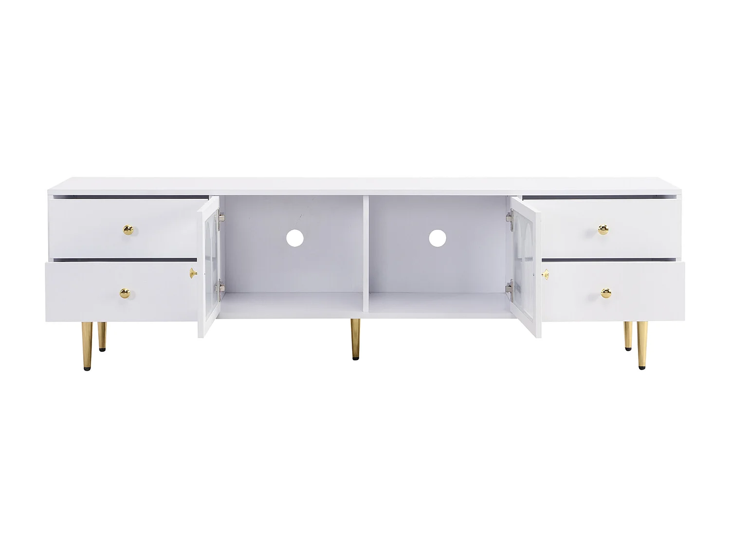 Meuble TV 170x38x50cm - Armoire avec 4 tiroirs et 2 portes en verre cintrée - poignées et pieds dorés - MDF Blanc