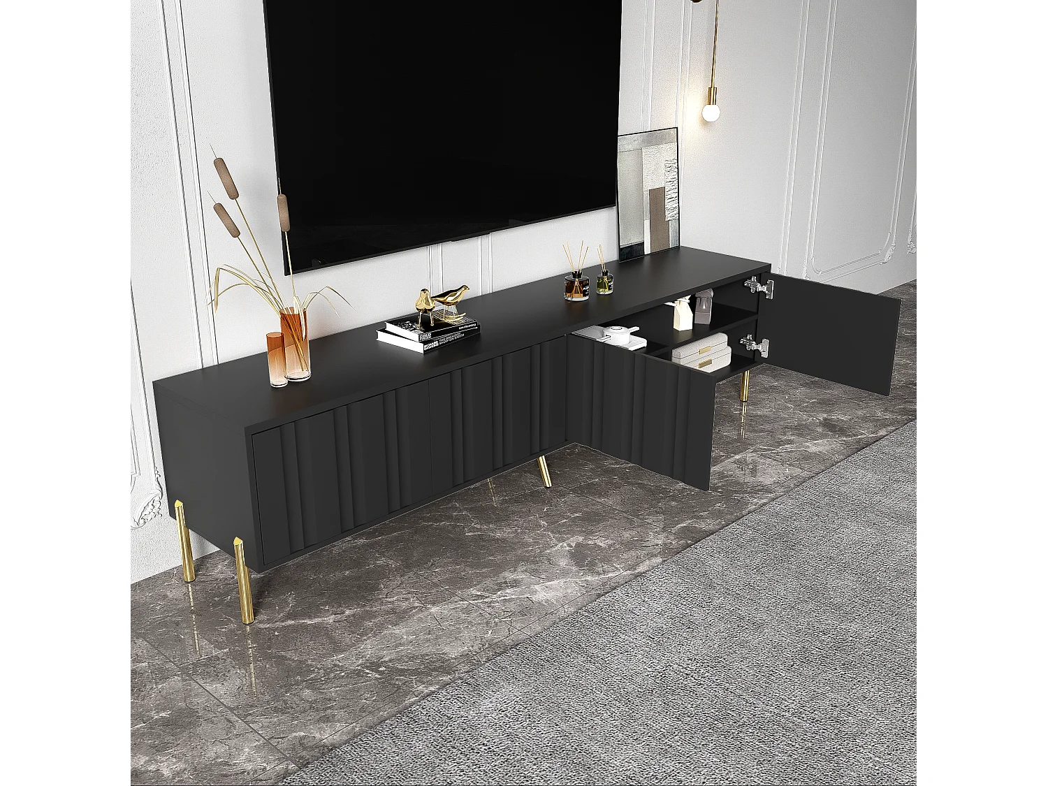 Mueble de TV 190x38x48cm - Mueble con 4 puertas, patas de mesa doradas, diseño de puerta ranurada - Negro