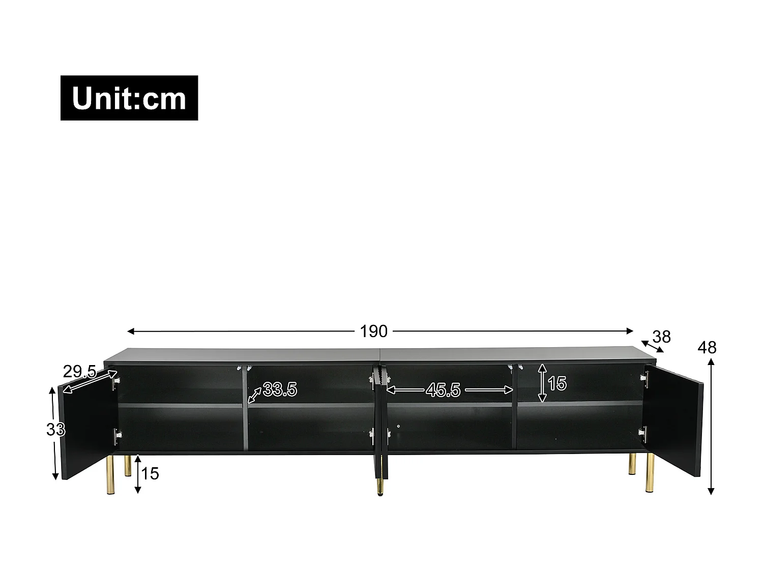 Meuble TV 190x38x48cm - Armoire avec 4 portes, pieds de table dorés, design de porte rainurée - Noir