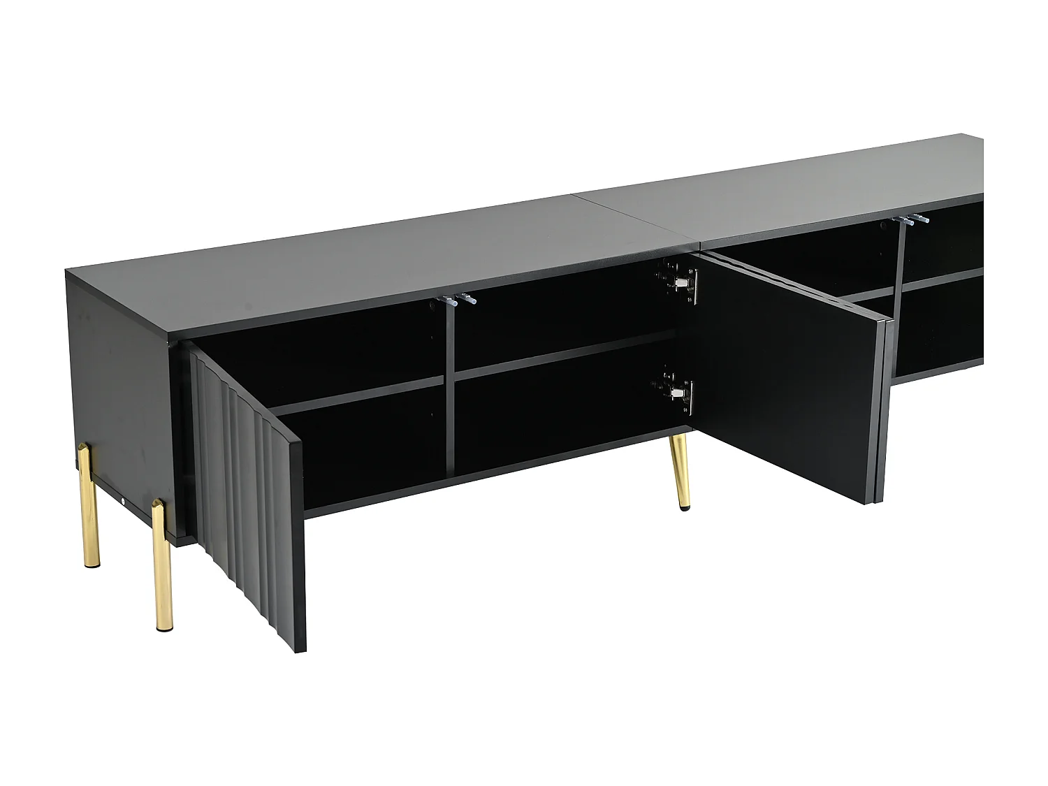 Meuble TV 190x38x48cm - Armoire avec 4 portes, pieds de table dorés, design de porte rainurée - Noir