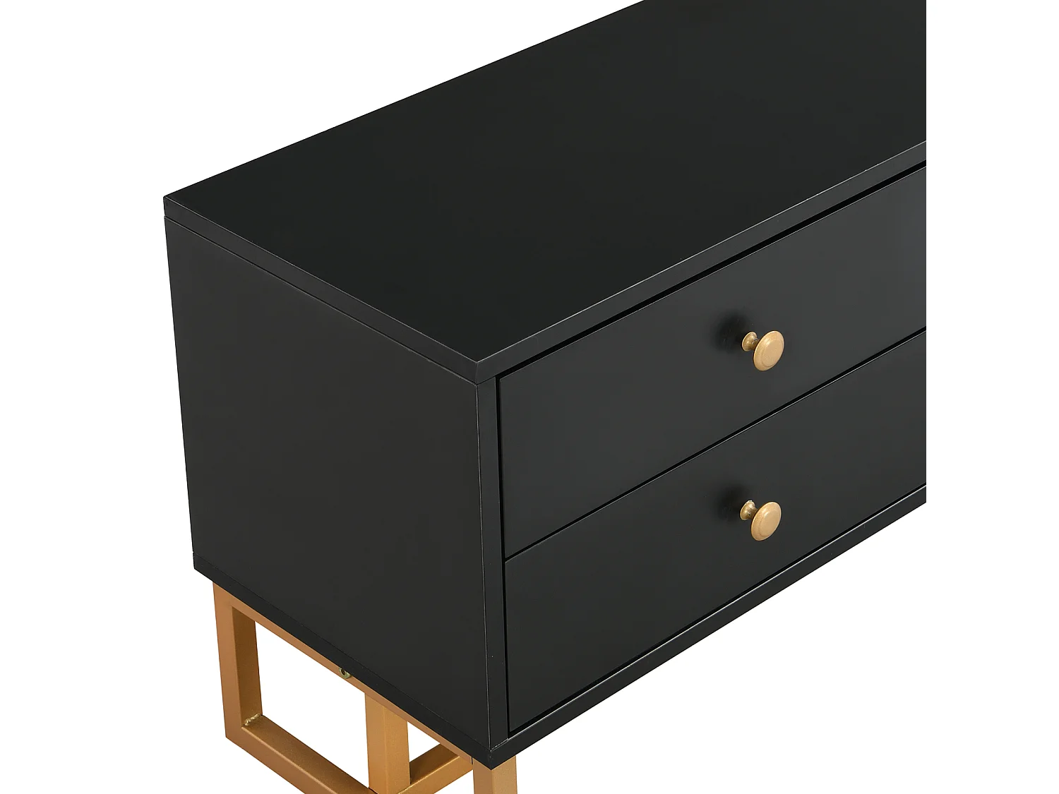 Meuble TV 175x30x46cm, panneau bas avec porte texturée, iroirs, poignées dorées et pieds dorés, noir