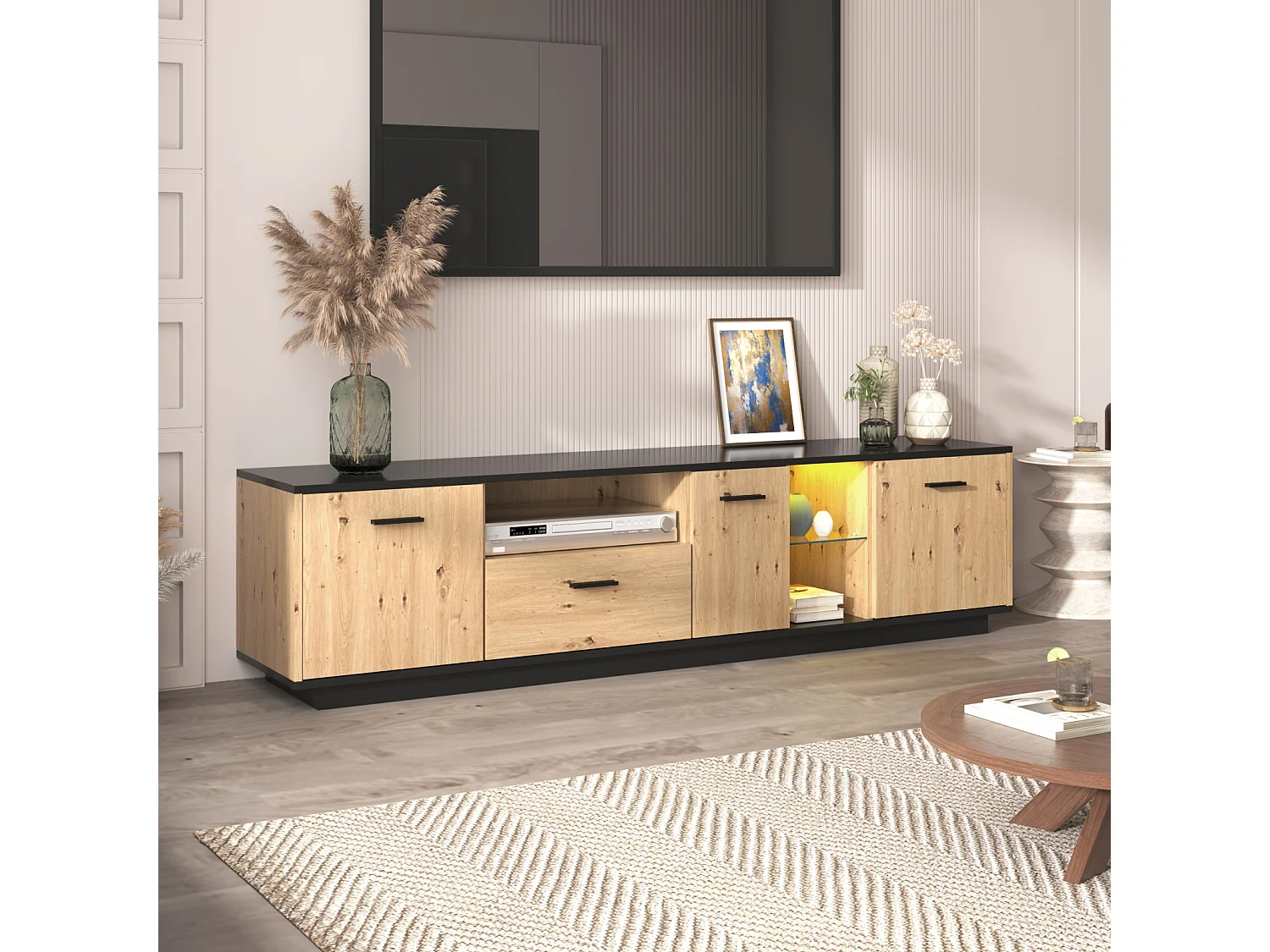 LED TV-meubel 15 lampen - TV-kast met 1 lade + 3 deuren + 2 compartimenten zwarte dakplaat - naturel 180x40x45cm