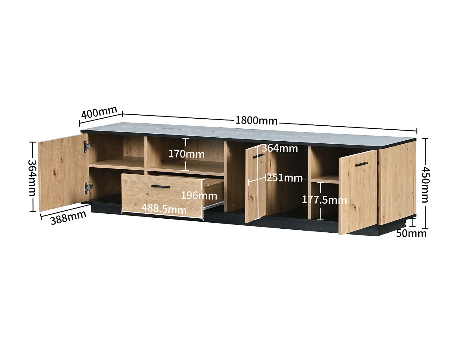 LED TV-meubel 15 lampen - TV-kast met 1 lade + 3 deuren + 2 compartimenten zwarte dakplaat - naturel 180x40x45cm