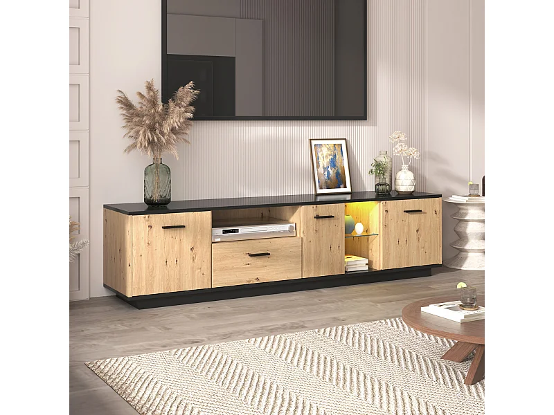 LED TV-meubel 15 lampen - TV-kast met 1 lade + 3 deuren + 2 compartimenten zwarte dakplaat - naturel 180x40x45cm