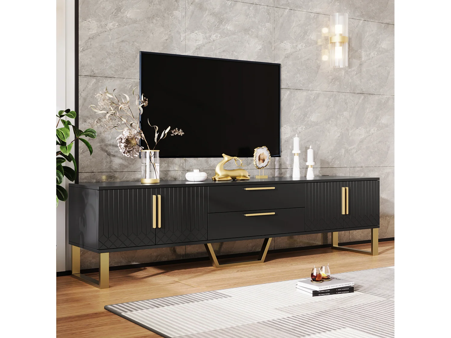 Meuble TV 170x40x53cm, en MDF, avec 4 portes design texture gravée, 2 tiroirs, luxe, élégante, noir