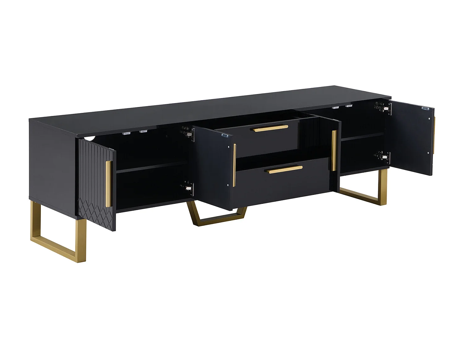 Meuble TV 170x40x53cm, en MDF, avec 4 portes design texture gravée, 2 tiroirs, luxe, élégante, noir