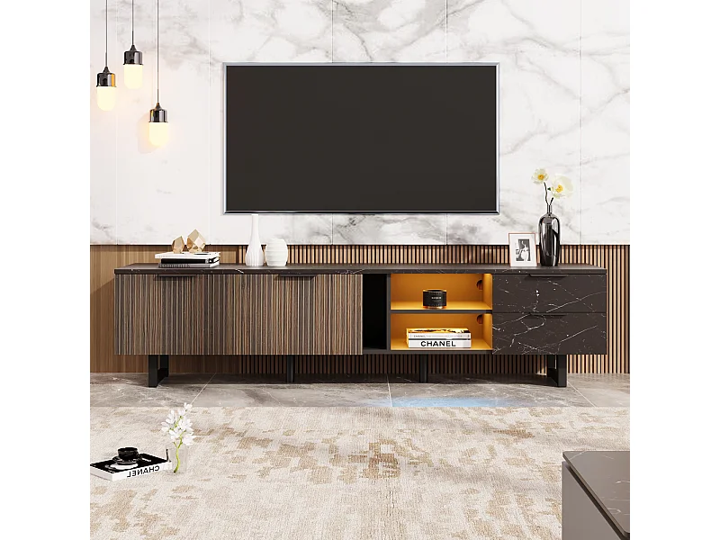 Mobile TV LED 200x50x38cm - con 2 ante e 2 cassetti - effetto marmo nero, ante effetto legno scuro - Nero