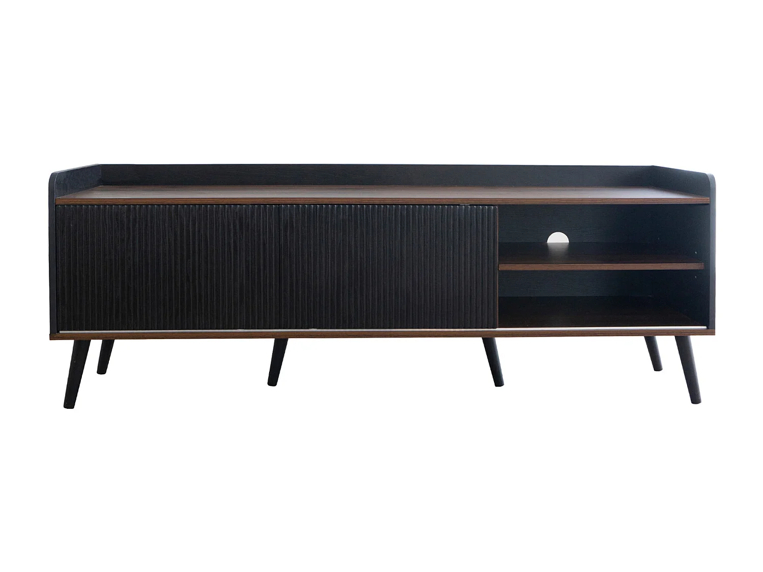 Meuble TV avec deux tiroirs, table TV, meuble TV, meuble bas TV avec deux portes coulissantes. Texture exquise. Couleur bois noir et naturel.