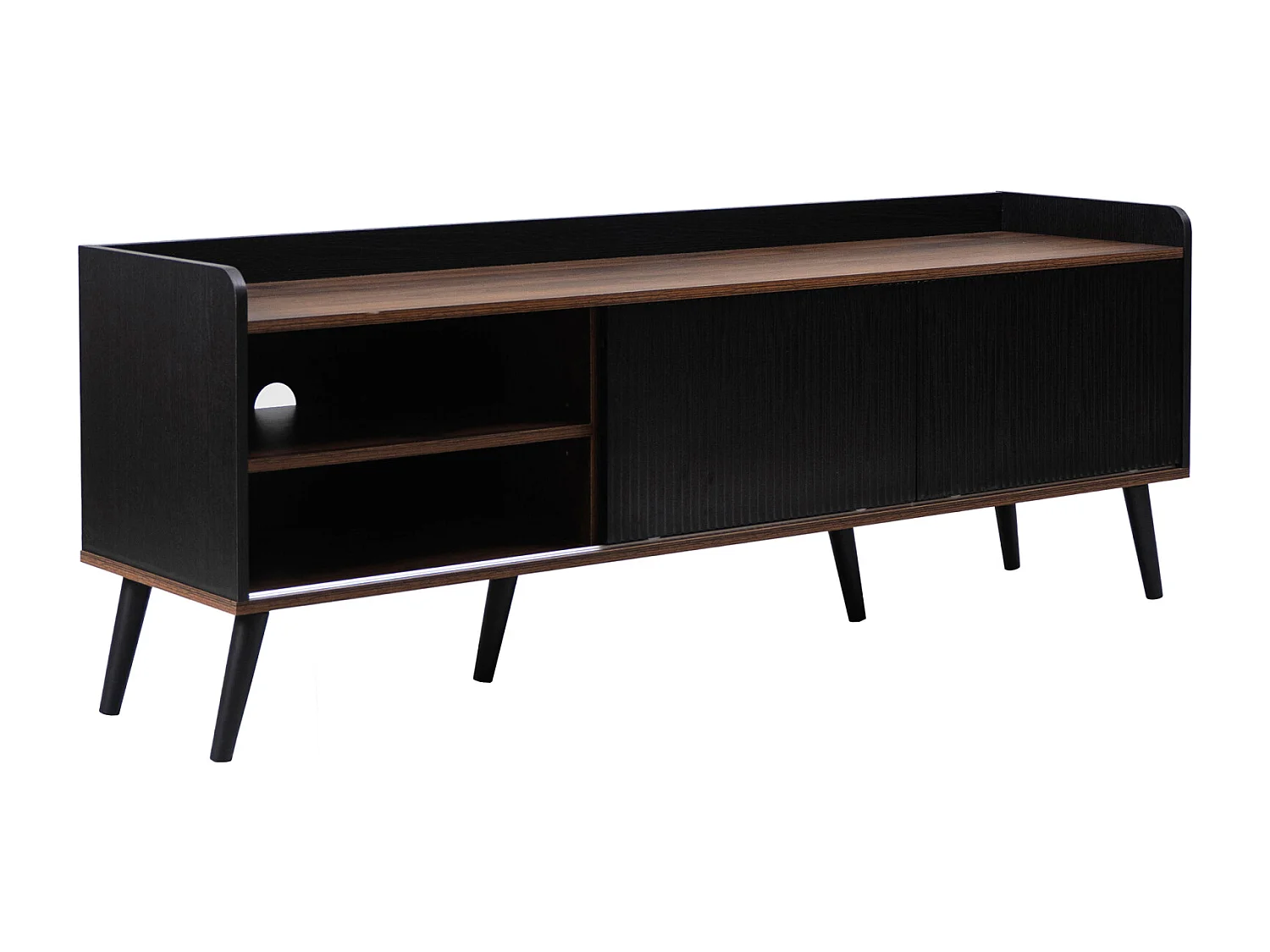 Meuble TV avec deux tiroirs, table TV, meuble TV, meuble bas TV avec deux portes coulissantes. Texture exquise. Couleur bois noir et naturel.