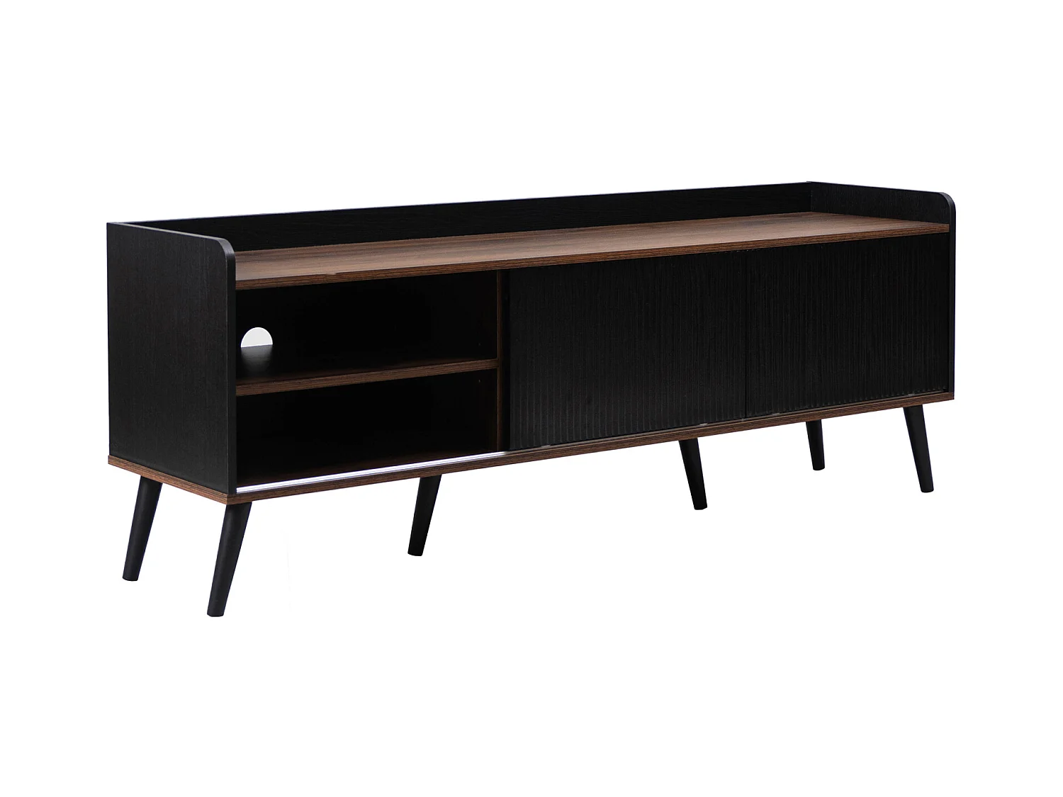 TV-meubel met twee lades, TV-tafel, TV-meubel, laag TV-meubel met twee schuifdeuren. Prachtige textuur. Zwart en natuurlijke houtkleur.