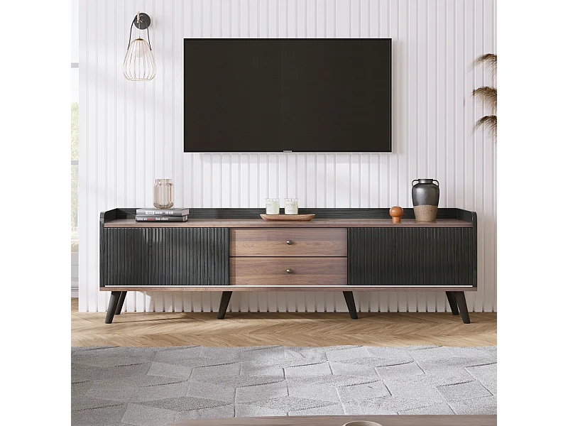 TV-meubel met twee lades, TV-tafel, TV-meubel, laag TV-meubel met twee schuifdeuren. Prachtige textuur. Zwart en natuurlijke houtkleur.