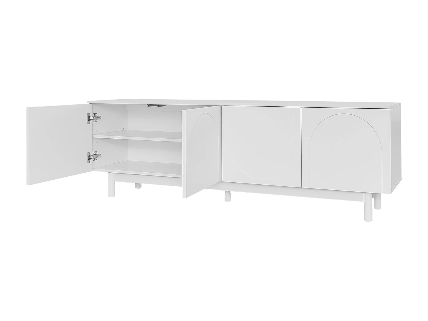 Meuble TV 175x38x56cm, léger de style luxe, avec 4 portes texturées, séparateurs réglables, blanc