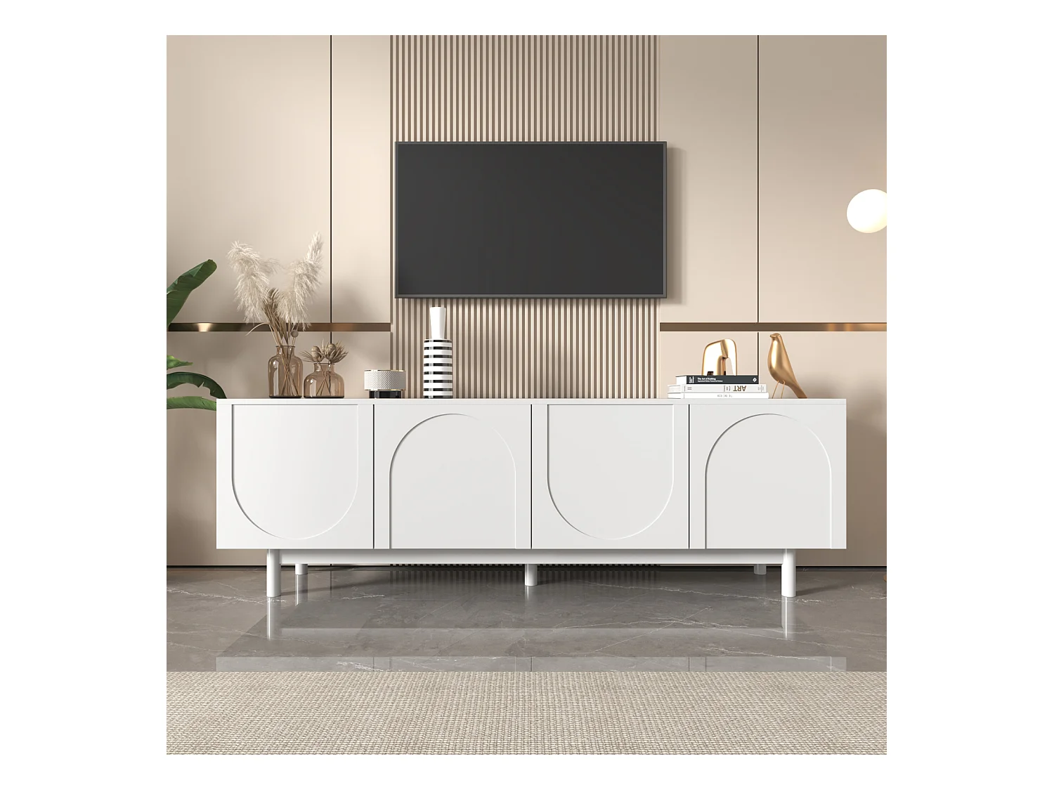 Meuble TV 175x38x56cm, léger de style luxe, avec 4 portes texturées, séparateurs réglables, blanc