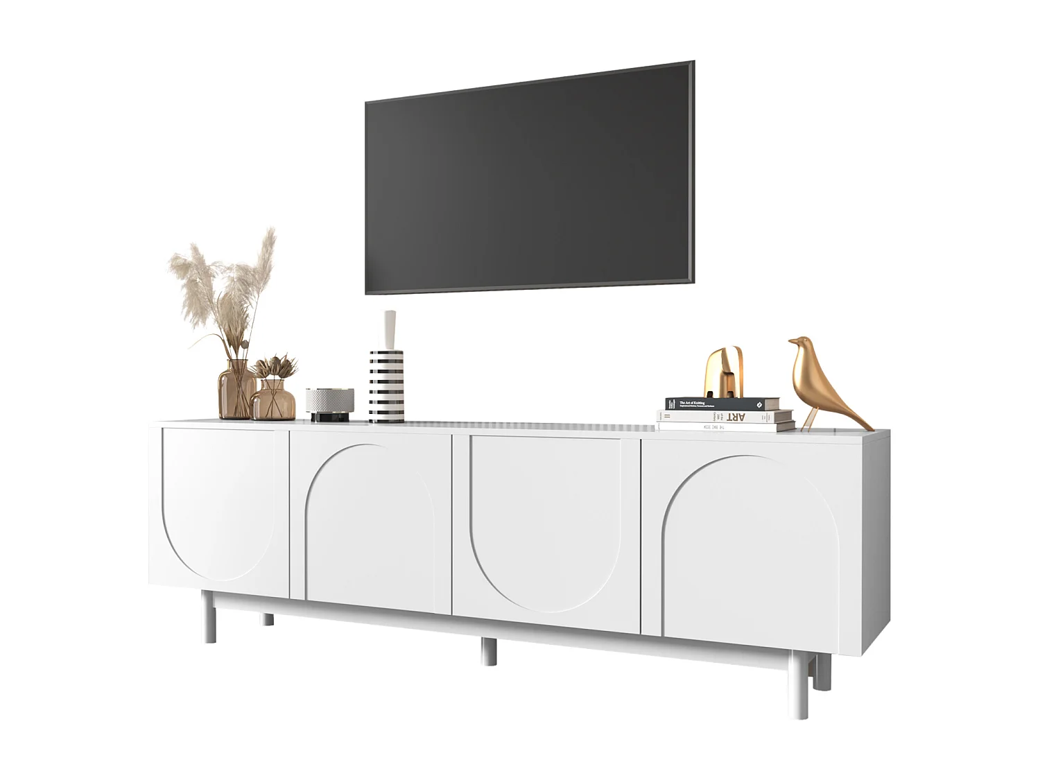 TV-meubel 175x38x56cm, lichte luxe stijl, met 4 structuurdeuren, verstelbare verdelers, wit