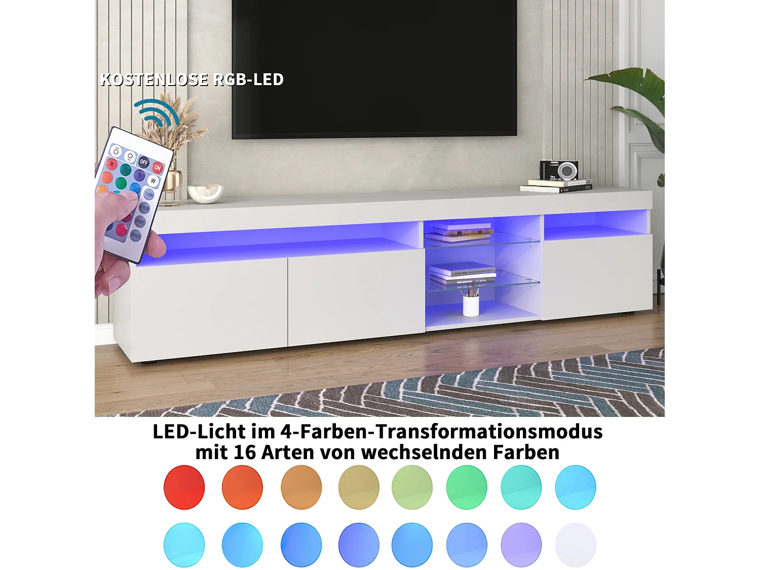 Mobile TV moderno con LED, con 3 ante e ripiano, MDF, bianco, 180x35x45cm