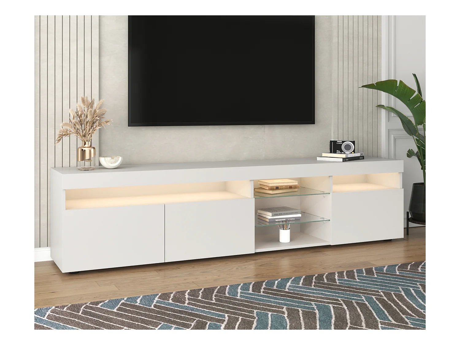 Meuble TV, contemporain, avec led, avec 3 portes et étagère, MDF, blanc, 180x35x45cm
