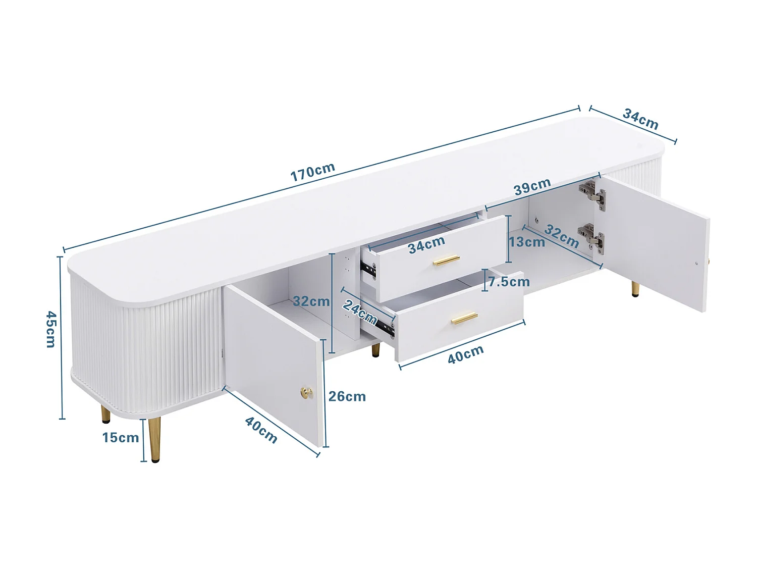 Mobile TV 170x34x45cm - Mobile con 2 cassetti e 2 ante, con lati ondulati, maniglie e piedini dorati - in MDF bianco