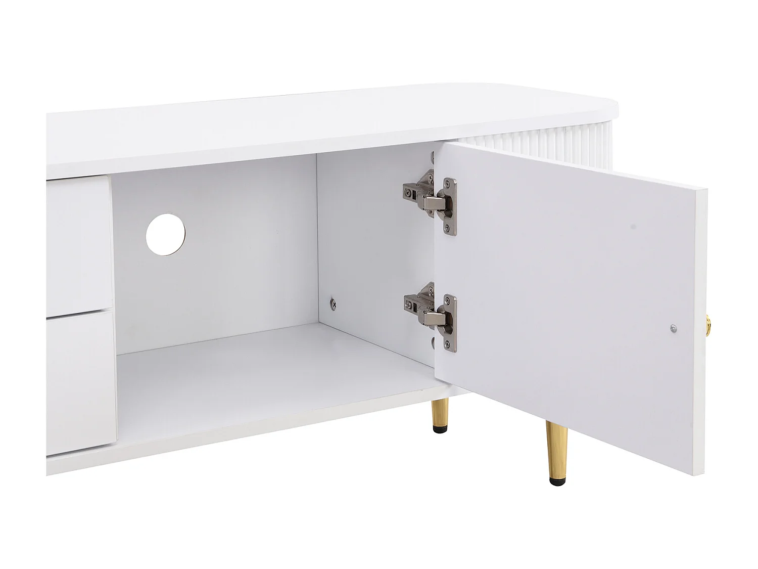 Mobile TV 170x34x45cm - Mobile con 2 cassetti e 2 ante, con lati ondulati, maniglie e piedini dorati - in MDF bianco
