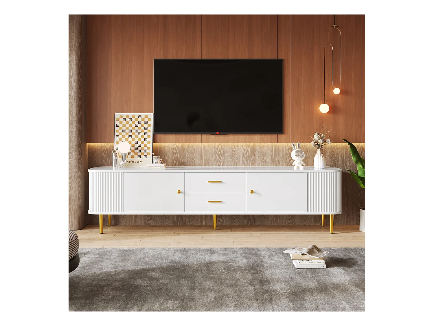 Meuble TV 170x34x45cm - Armoire avec 2 tiroirs et 2 portes, avec côtés ondulés, poignées et pieds dorés - en MDF blanc