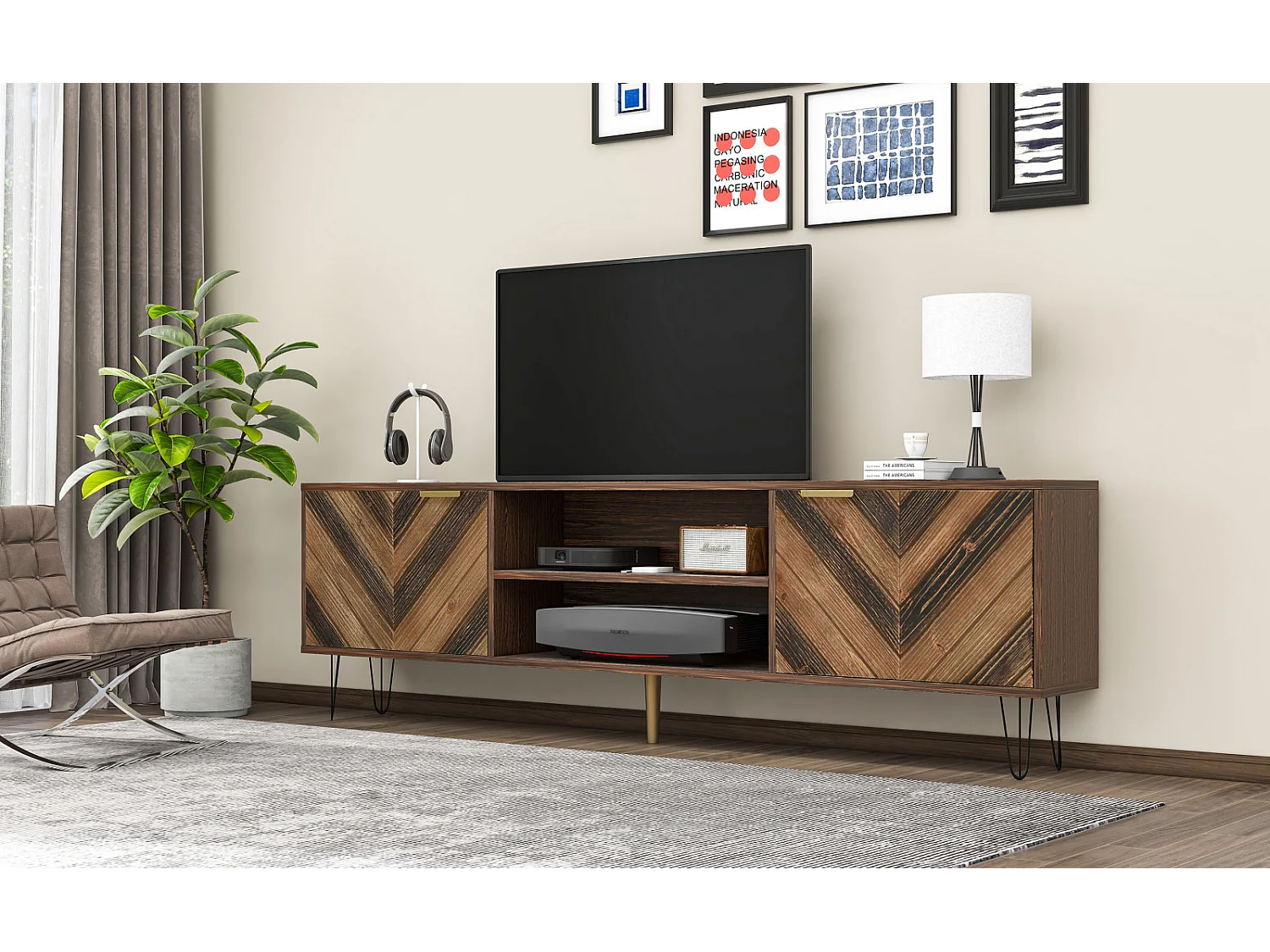TV-kast 160x38x47cm - 2-deurs tv-kast in massief houtfineer met 2 compartimenten, gouden handgrepen en ijzeren poten - bruin