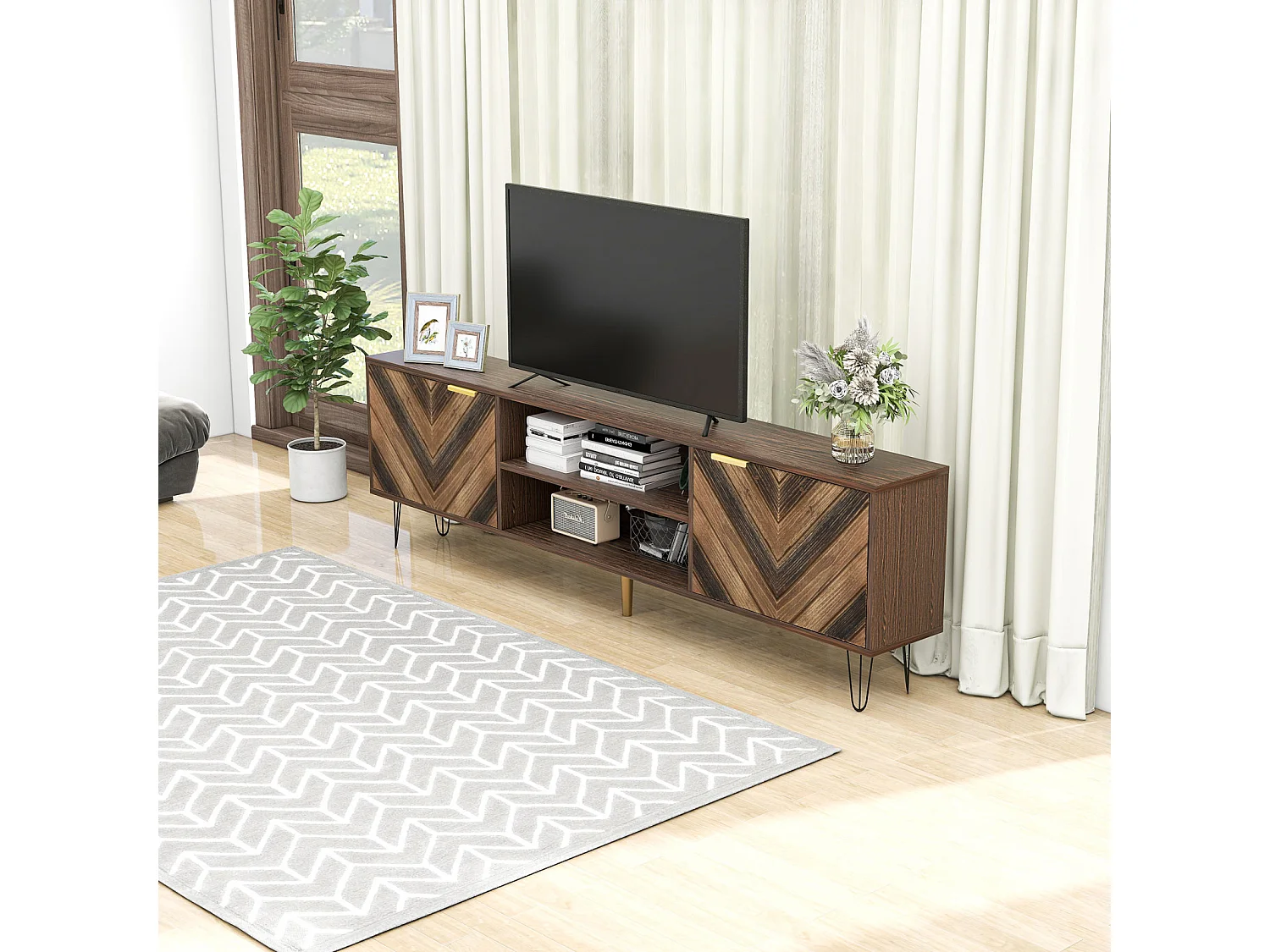 TV-kast 160x38x47cm - 2-deurs tv-kast in massief houtfineer met 2 compartimenten, gouden handgrepen en ijzeren poten - bruin