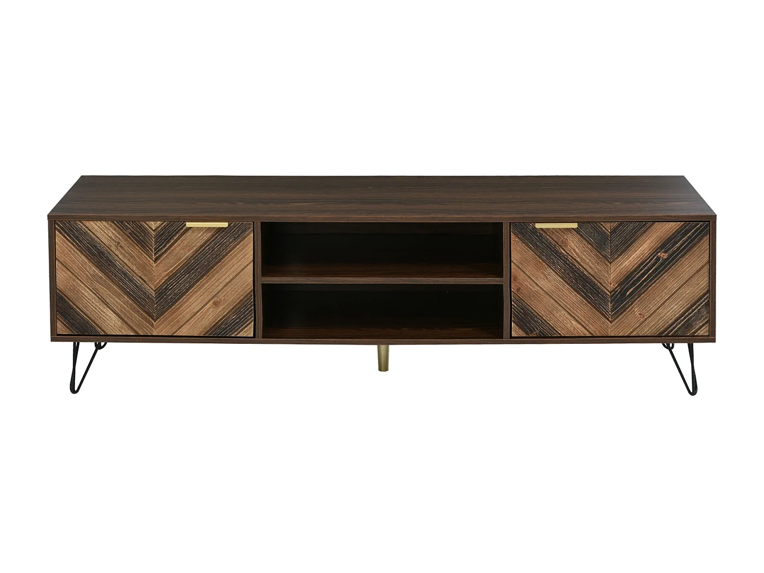 TV-kast 160x38x47cm - 2-deurs tv-kast in massief houtfineer met 2 compartimenten, gouden handgrepen en ijzeren poten - bruin
