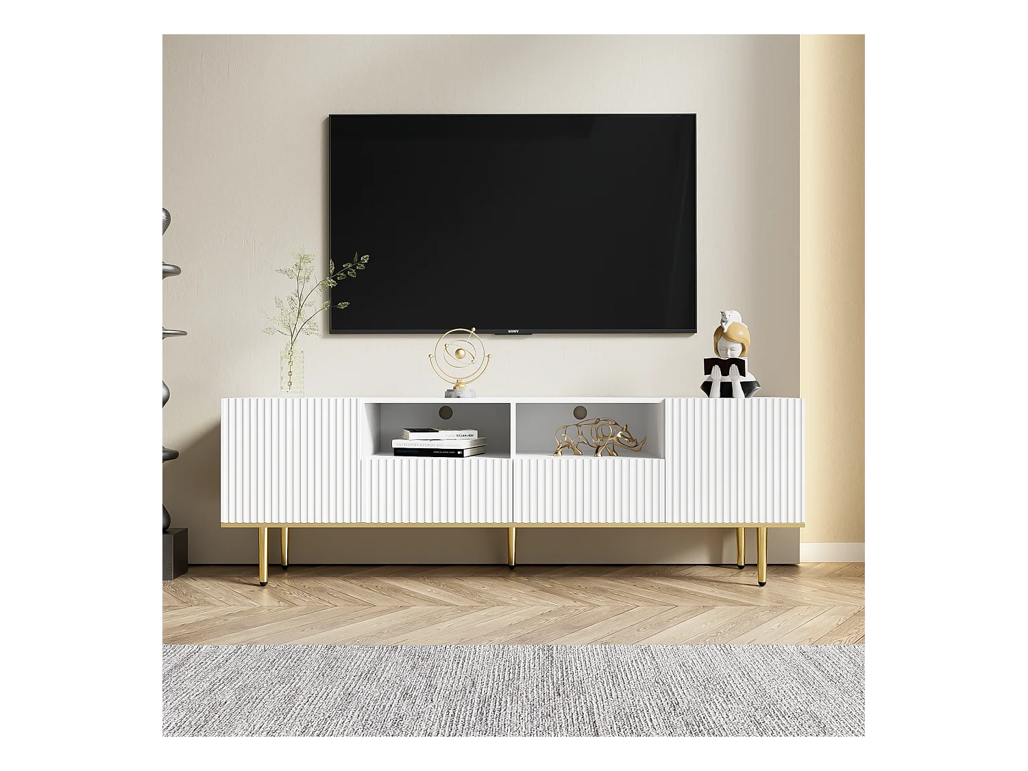 Meuble TV 165x36x55cm, avec 2 portes, 2 tiroirs et 2 compartiments, pieds dorés et bord doré, Blanc