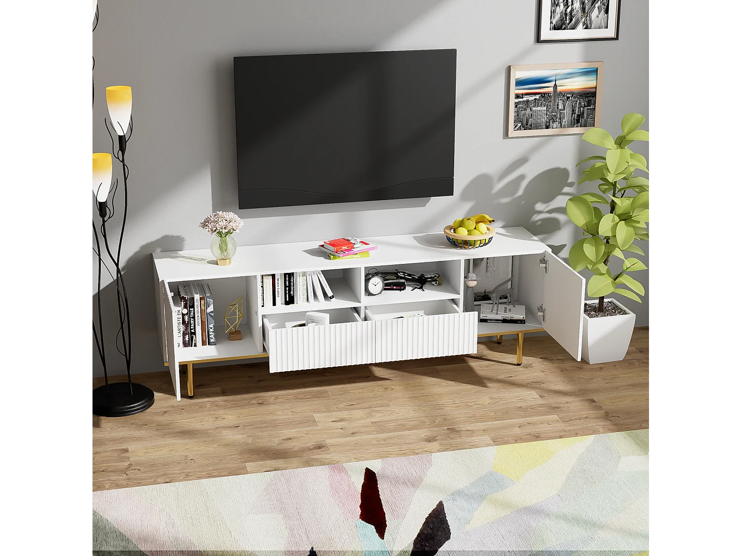 Meuble TV 165x36x55cm, avec 2 portes, 2 tiroirs et 2 compartiments, pieds dorés et bord doré, Blanc