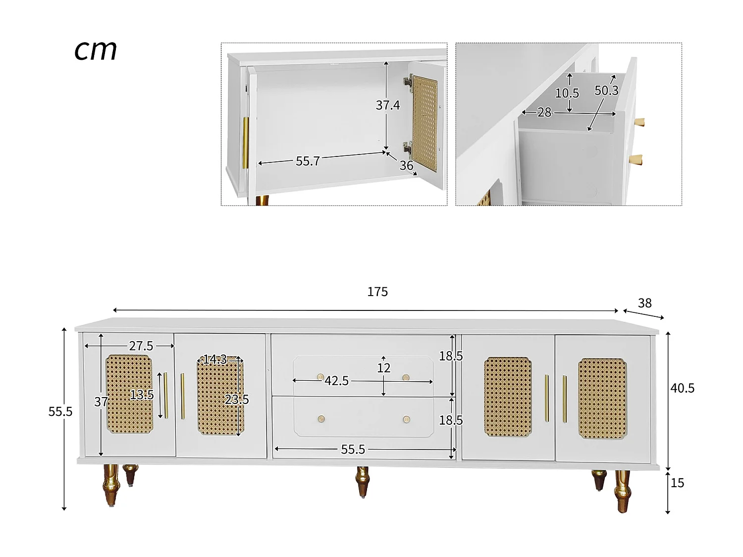 Mueble de TV de 175 cm, con 4 puertas de ratán, 2 cajones, patas de metal, tirador de metal, estilo escandinavo, mueble de salón - Blanco
