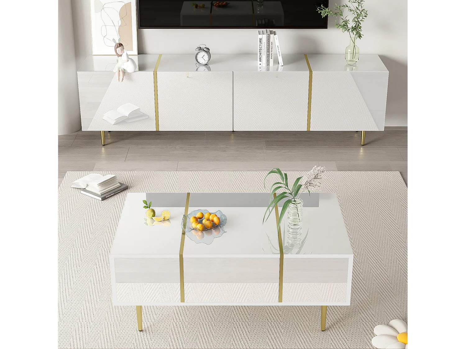 Meuble TV brillance et ensemble de table basse moderne, Armoires de rangement, Blanc