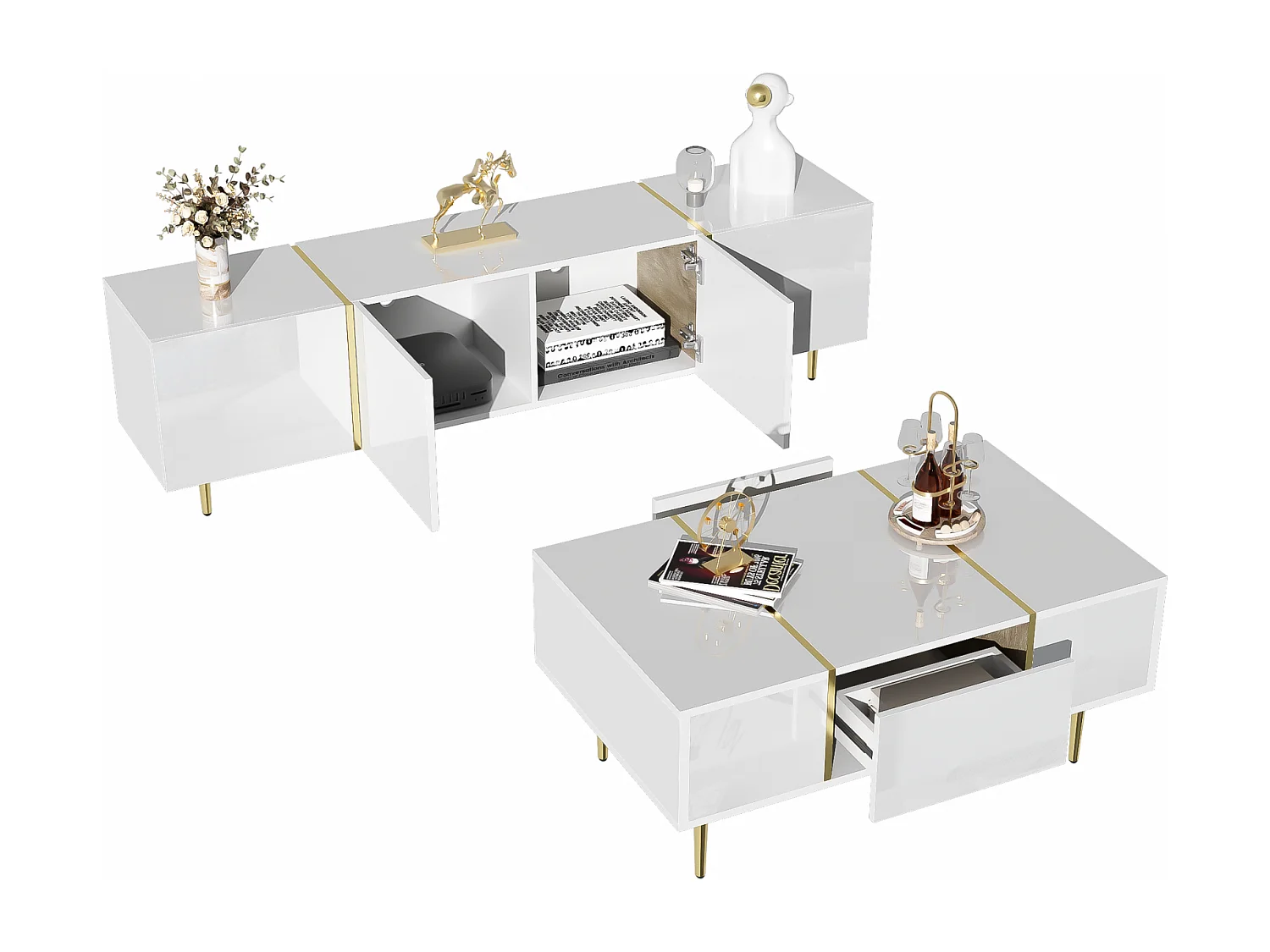 Meuble TV brillance et ensemble de table basse moderne, Armoires de rangement, Blanc