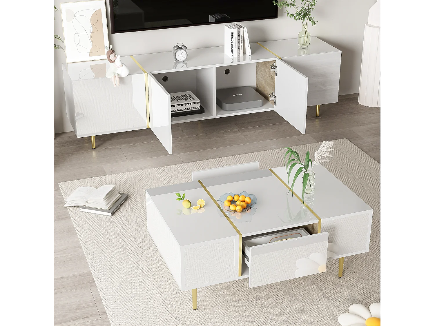 Meuble TV brillance et ensemble de table basse moderne, Armoires de rangement, Blanc
