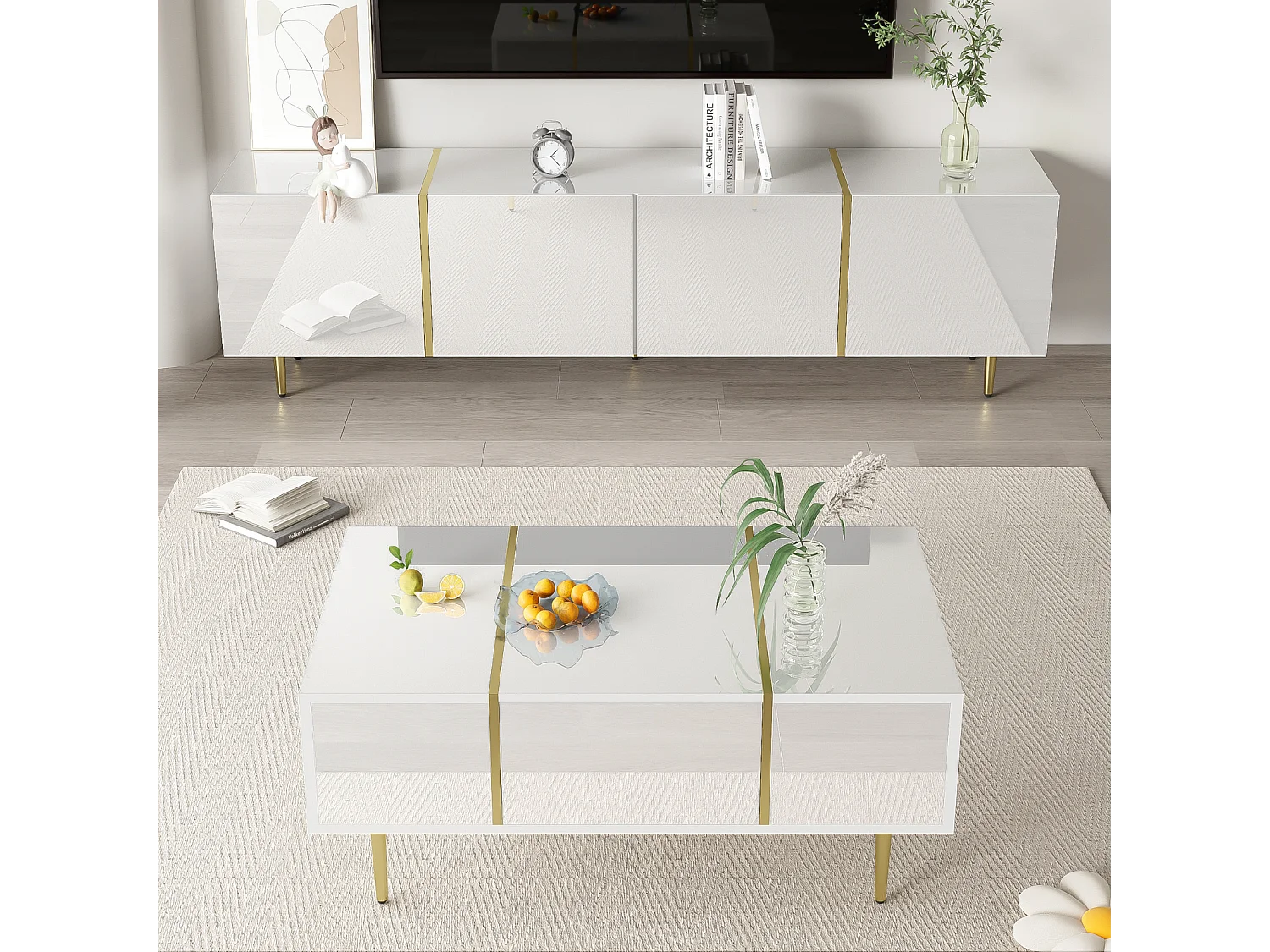 Meuble TV brillance et ensemble de table basse moderne, Armoires de rangement, Blanc