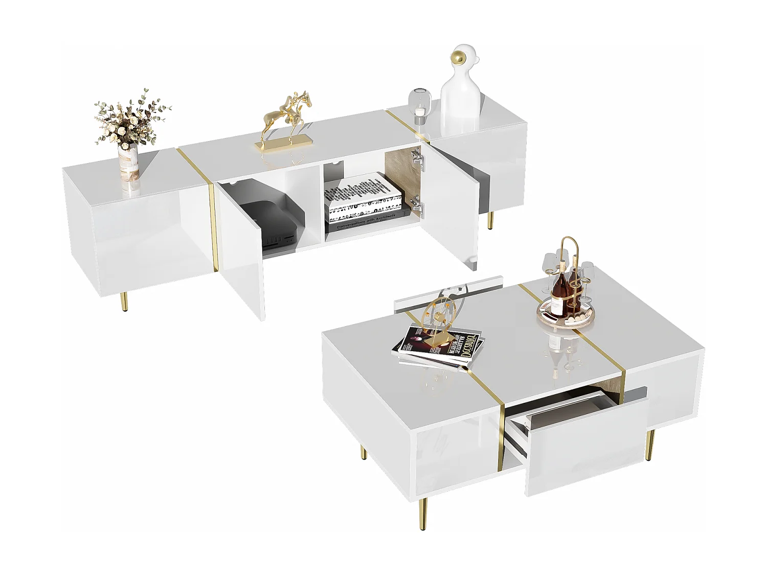 Meuble TV brillance et ensemble de table basse moderne, Armoires de rangement, Blanc