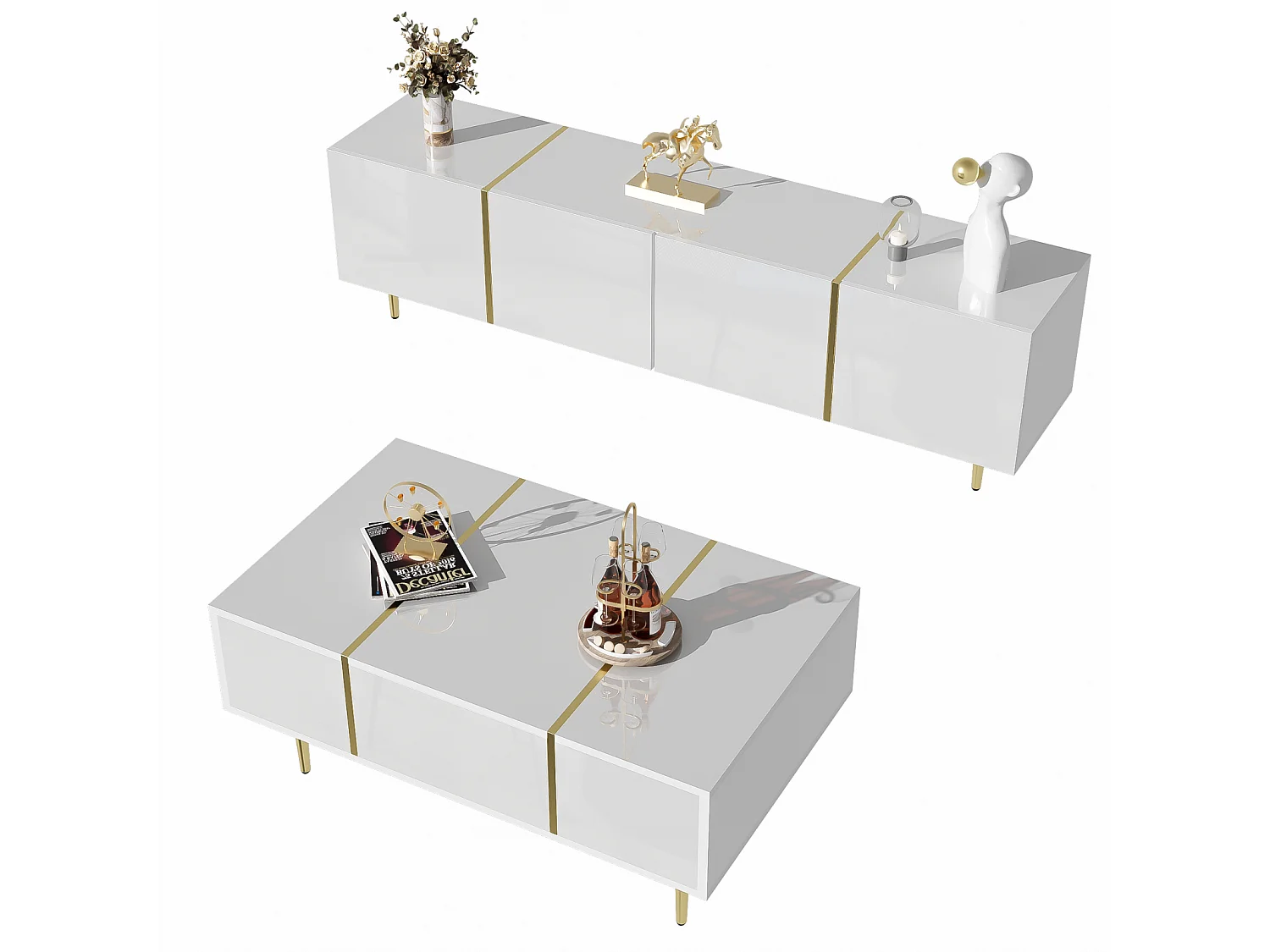 Meuble TV brillance et ensemble de table basse moderne, Armoires de rangement, Blanc