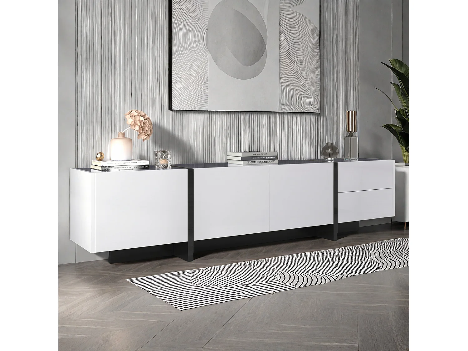 Meuble TV, panneau bas avec pieds color-block en blanc et noir brillant, avec portes et tiroirs, et portes avec étagères. Design simple et linéaire.