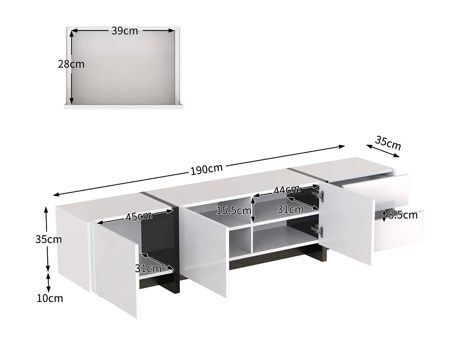Meuble TV, panneau bas avec pieds color-block en blanc et noir brillant, avec portes et tiroirs, et portes avec étagères. Design simple et linéaire.