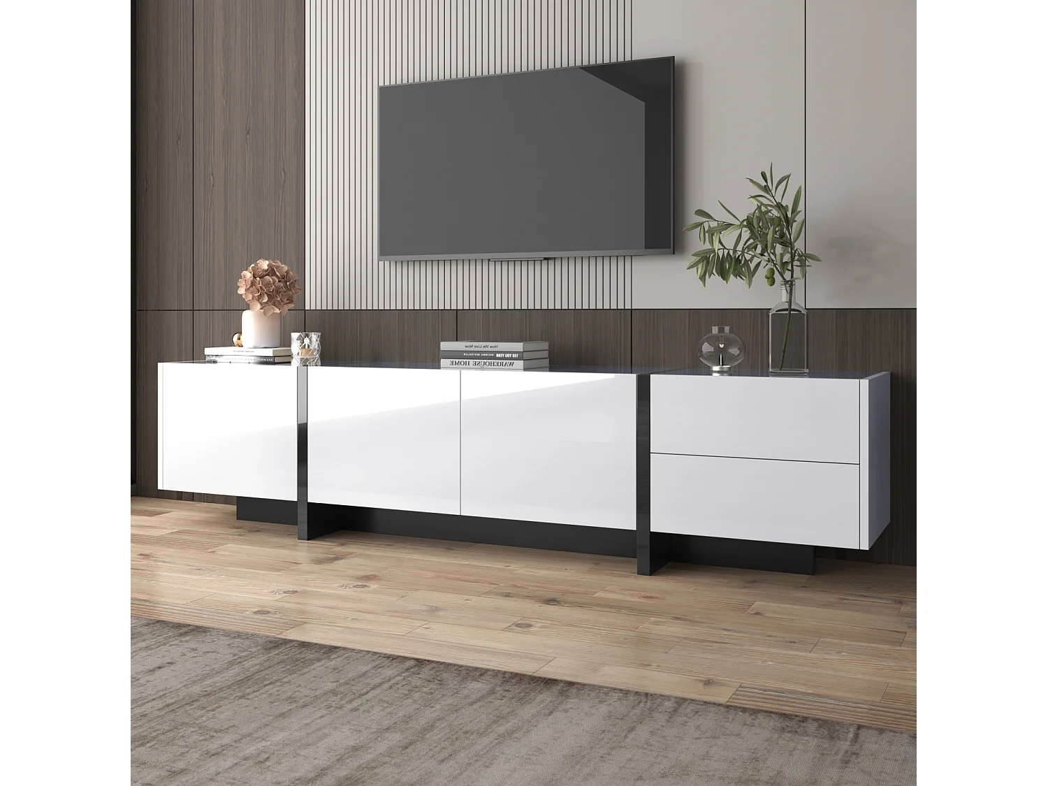 Meuble TV, panneau bas avec pieds color-block en blanc et noir brillant, avec portes et tiroirs, et portes avec étagères. Design simple et linéaire.