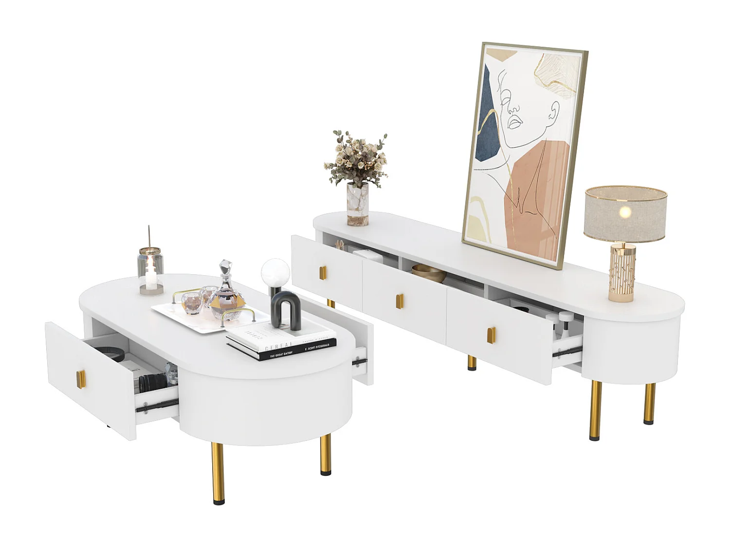 Meuble TV et table basse de luxe, meuble de salon avec tiroirs, coins arrondis,poignées et pieds dorés, blanc