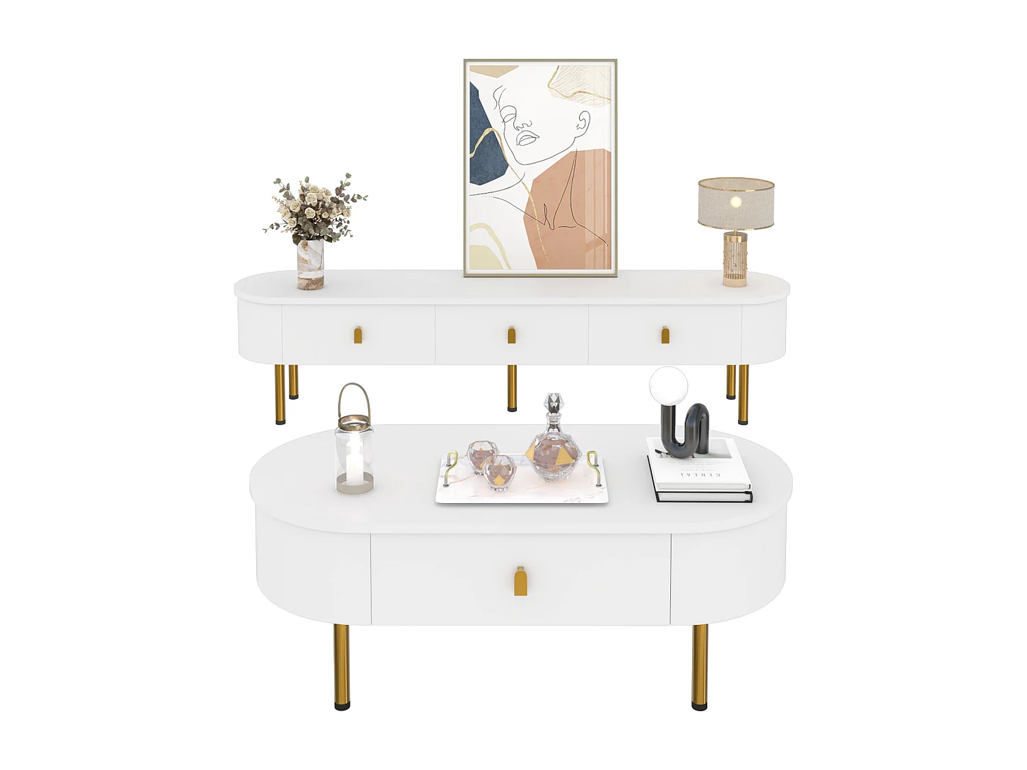 Meuble TV et table basse de luxe, meuble de salon avec tiroirs, coins arrondis,poignées et pieds dorés, blanc