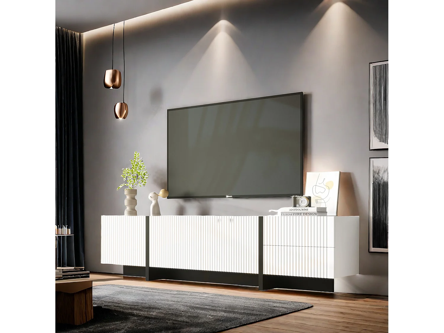 Meuble TV 190 cm 3 portes, 2 tiroirs, Blanc, design simple et épuré.