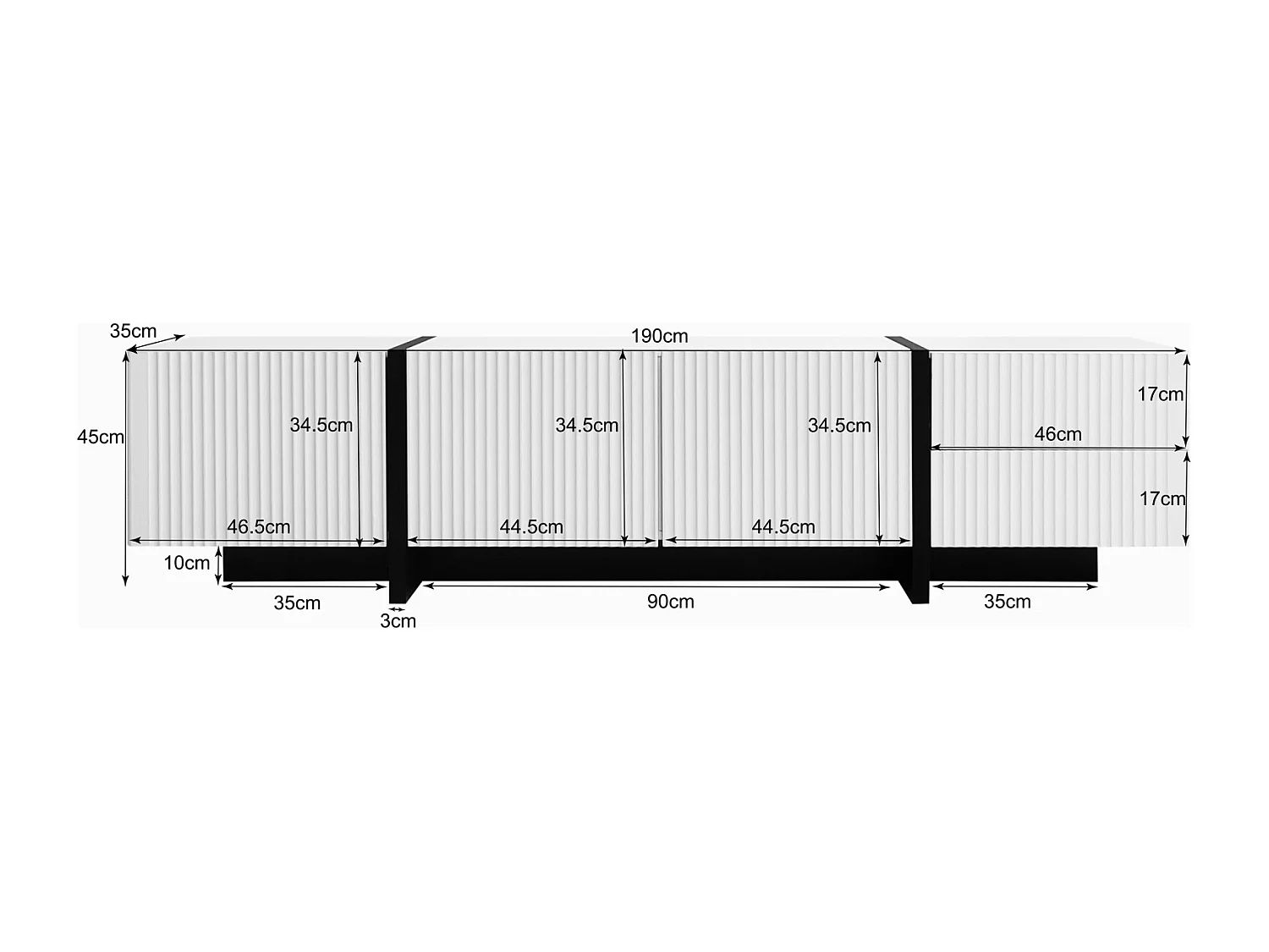 Meuble TV 190 cm 3 portes, 2 tiroirs, Blanc, design simple et épuré.