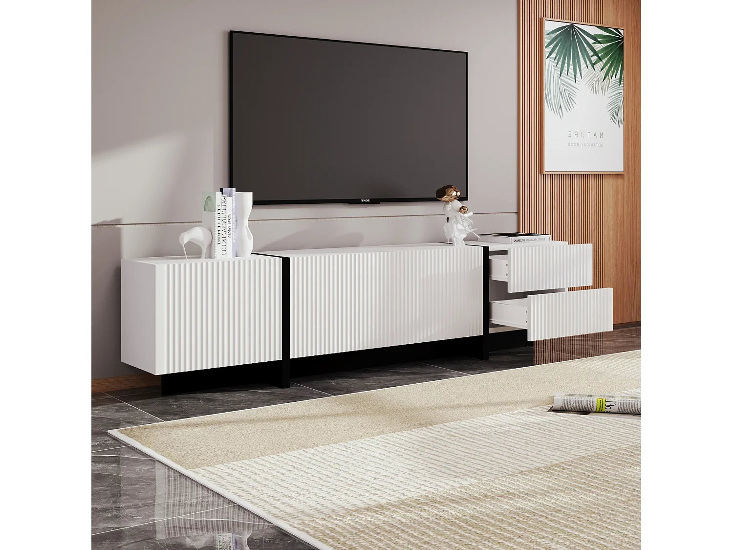 Meuble TV 190 cm 3 portes, 2 tiroirs, Blanc, design simple et épuré.