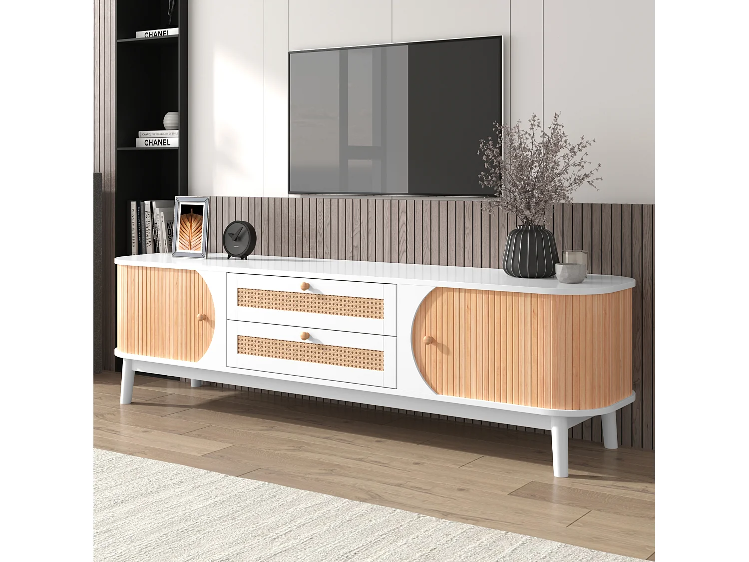 Mobile TV 170x39,5x46cm - Mobile TV in legno con ante in rattan e cassetti in stile rustico per riporre oggetti - bianco