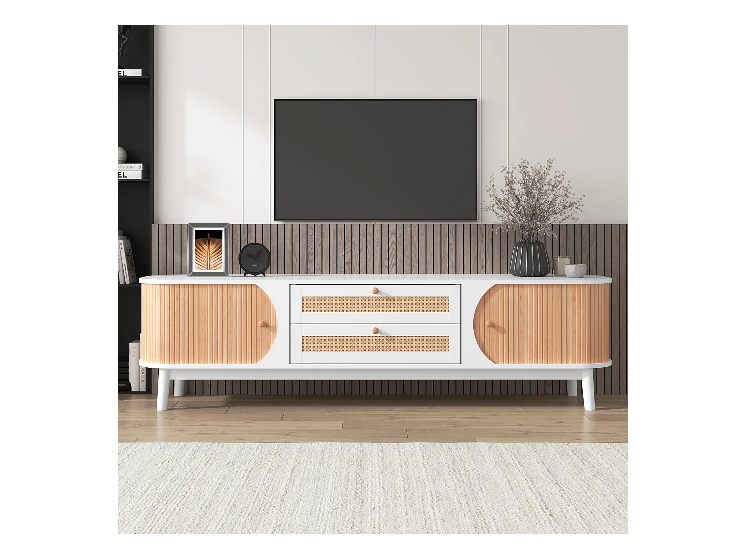 Meuble TV 170x39.5x46cm - Meuble TV en bois avec portes et tiroirs en rotin style maison de campagne pour rangement - blanc