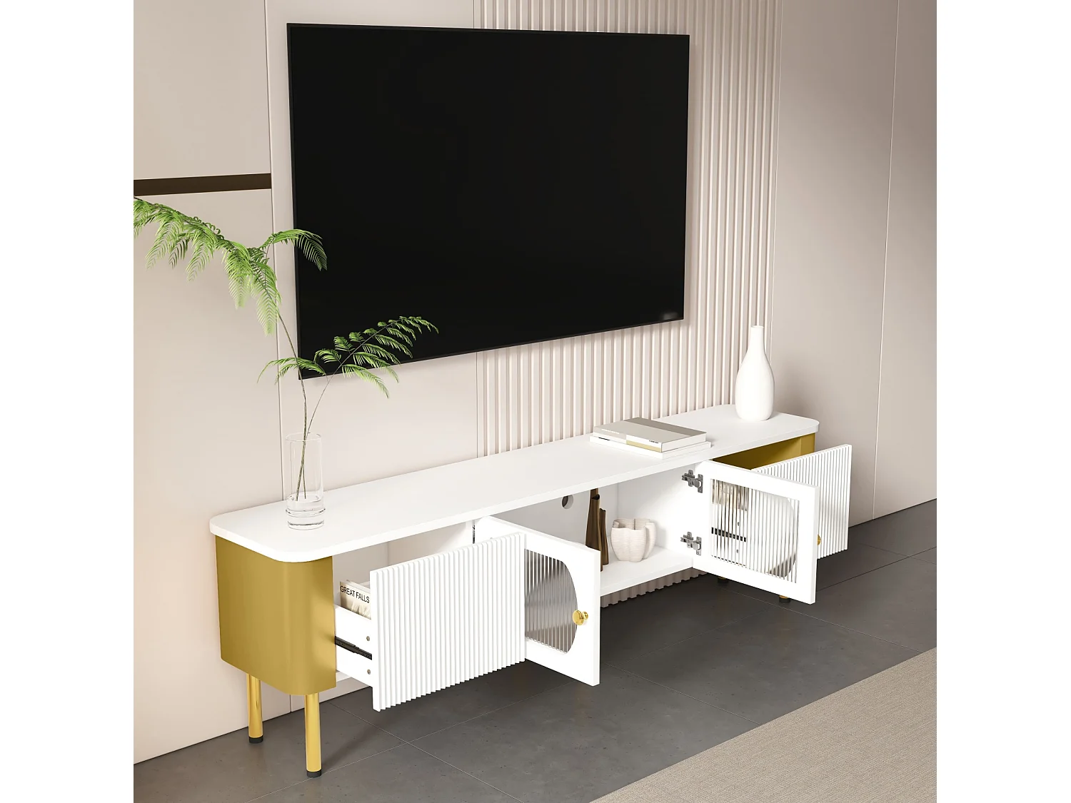 TV-meubel, gouden handgrepen en poten, boogvorm, lage TV-kast - wit